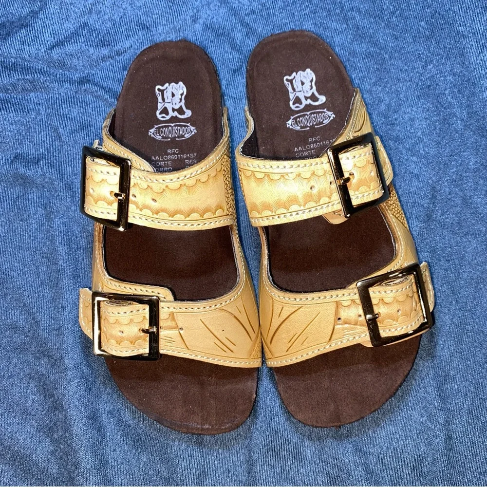 Brand New w/o box size 6 hand tooled genuine leather sandals with gold buckles. - Picture 2 of 7